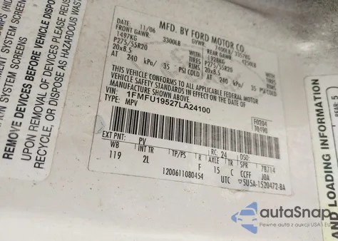 2007 Ford Expedition Limited из США, поврежденный, VIN 1FMFU19527LA24100